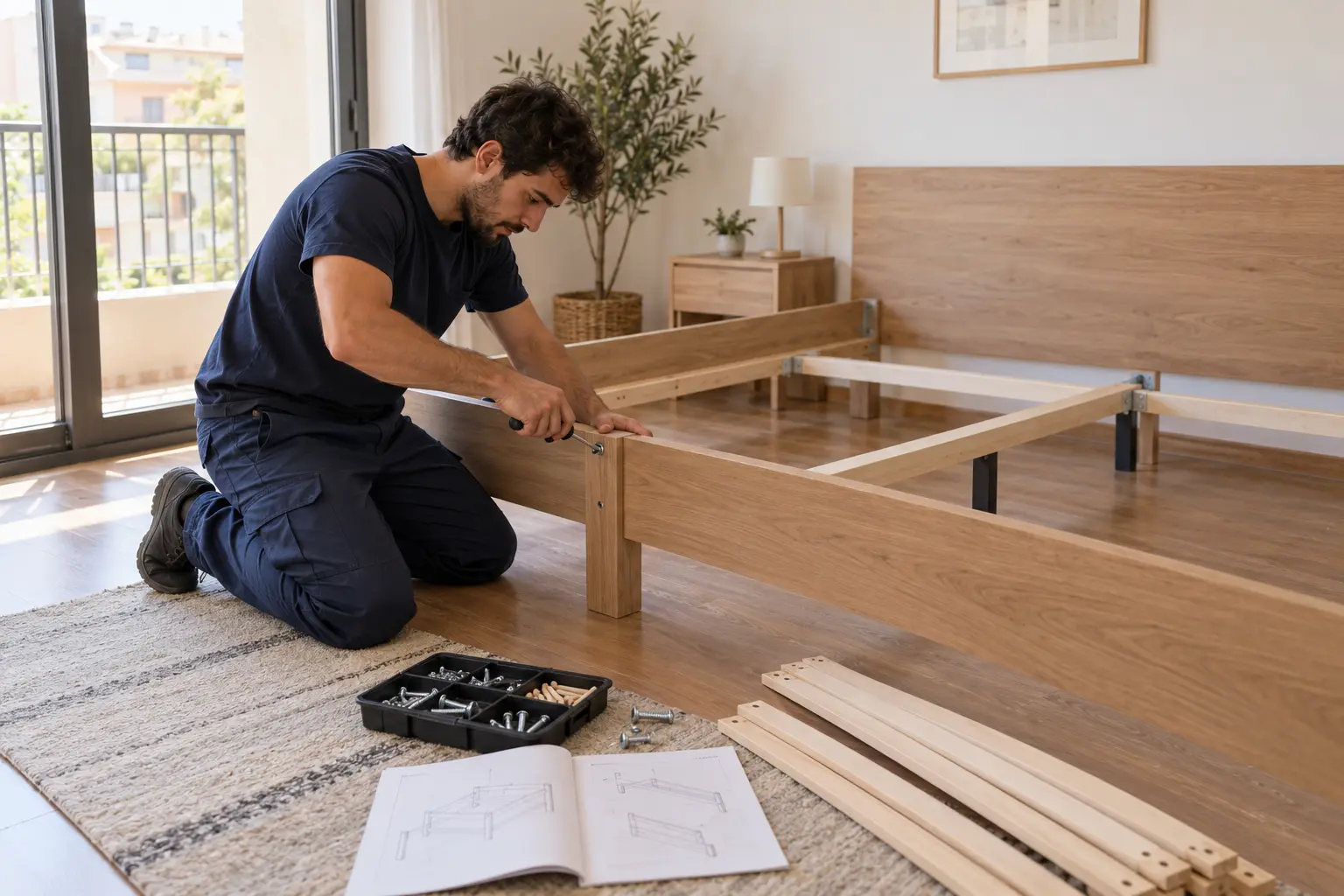 Montaje de una estructura de cama con herramientas y piezas organizadas; imagen ilustrativa.