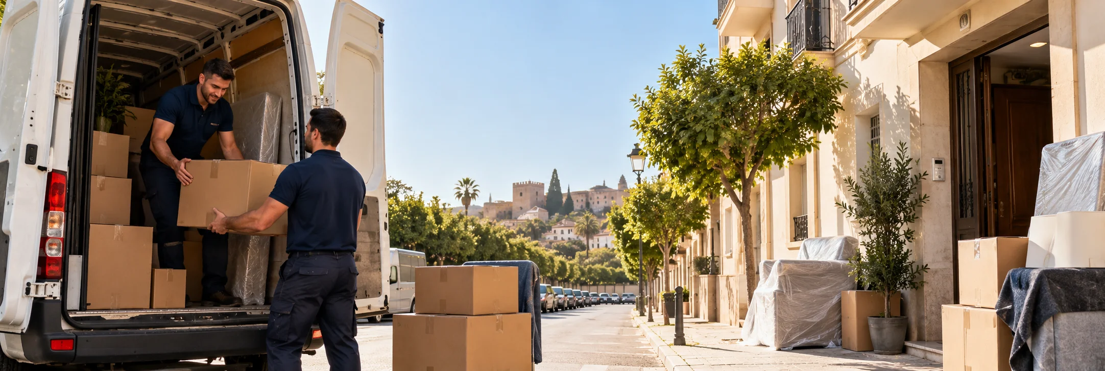 Carga de una furgoneta con muebles protegidos y cajas; imagen ilustrativa.