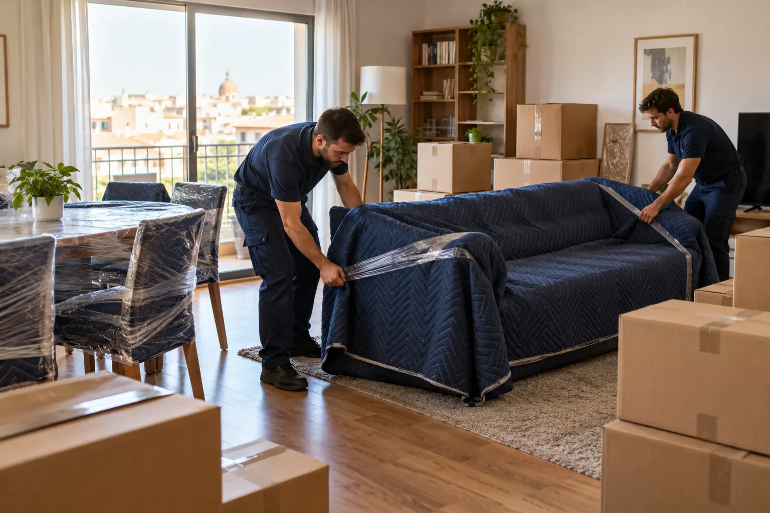 Operarios preparando un sofá protegido y cajas para una mudanza de vivienda; imagen ilustrativa.