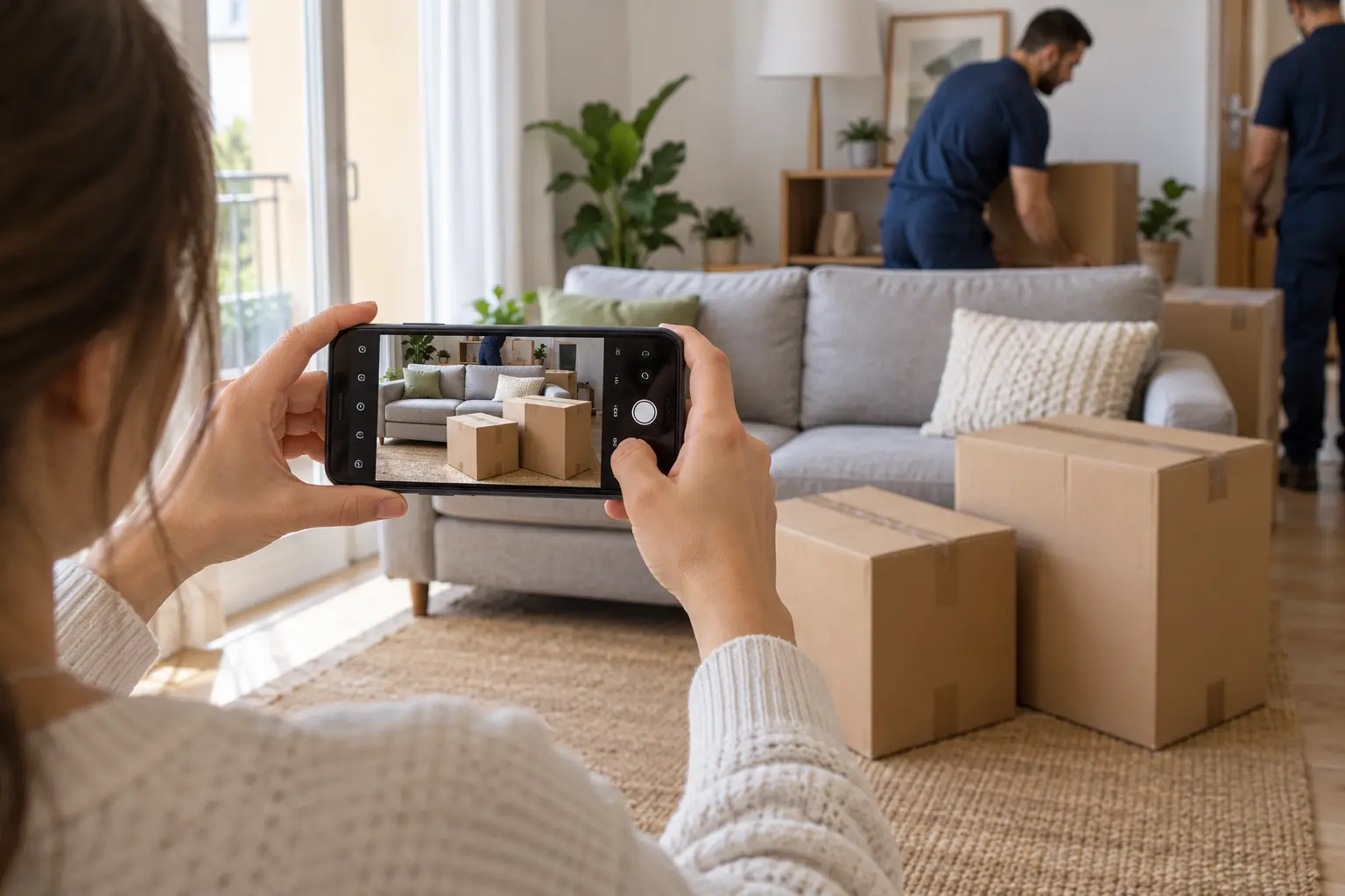 Un móvil fotografía muebles y cajas para solicitar presupuesto; imagen ilustrativa.